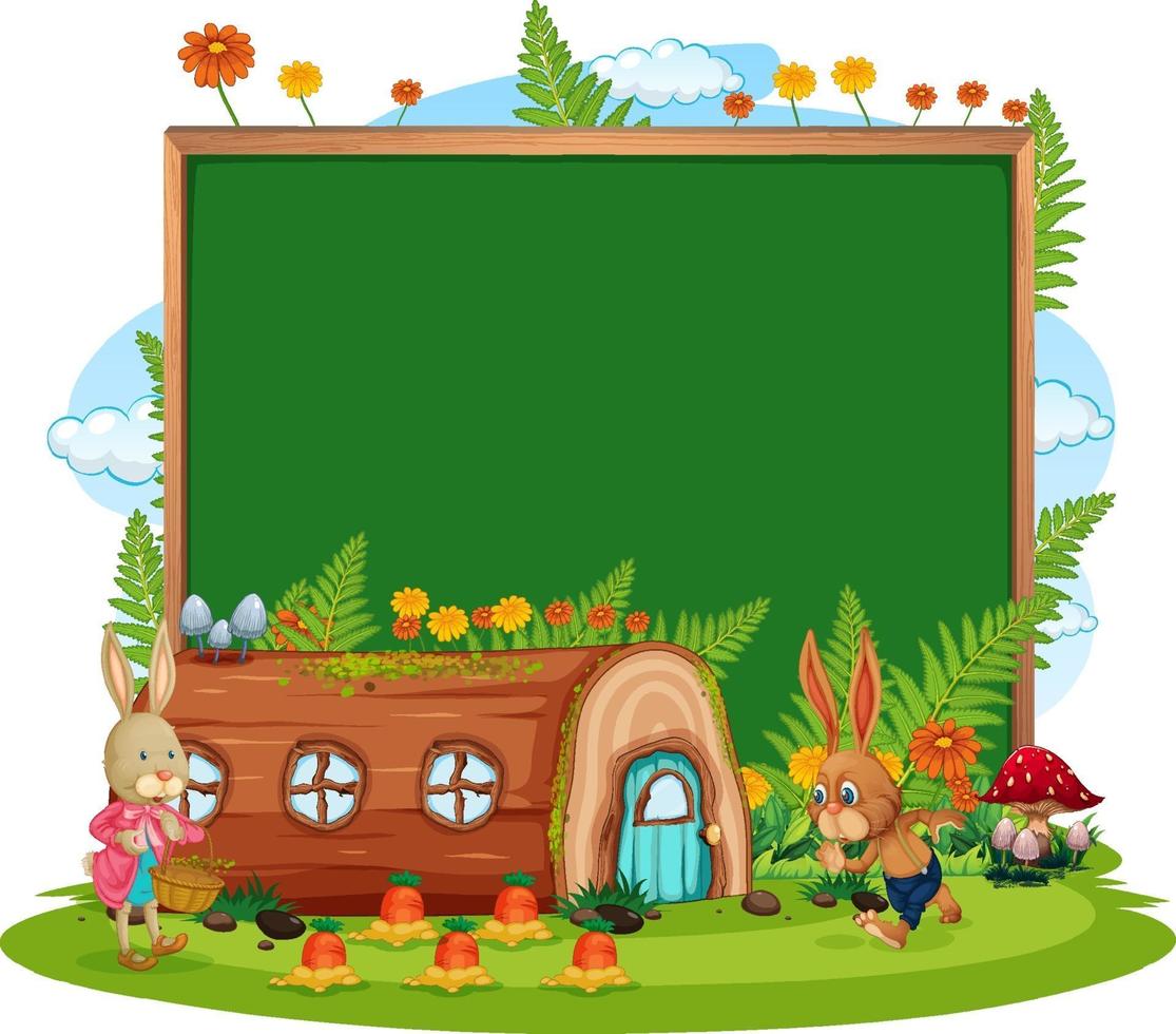 Blank banner in the garden with cute rabbits isolated vector