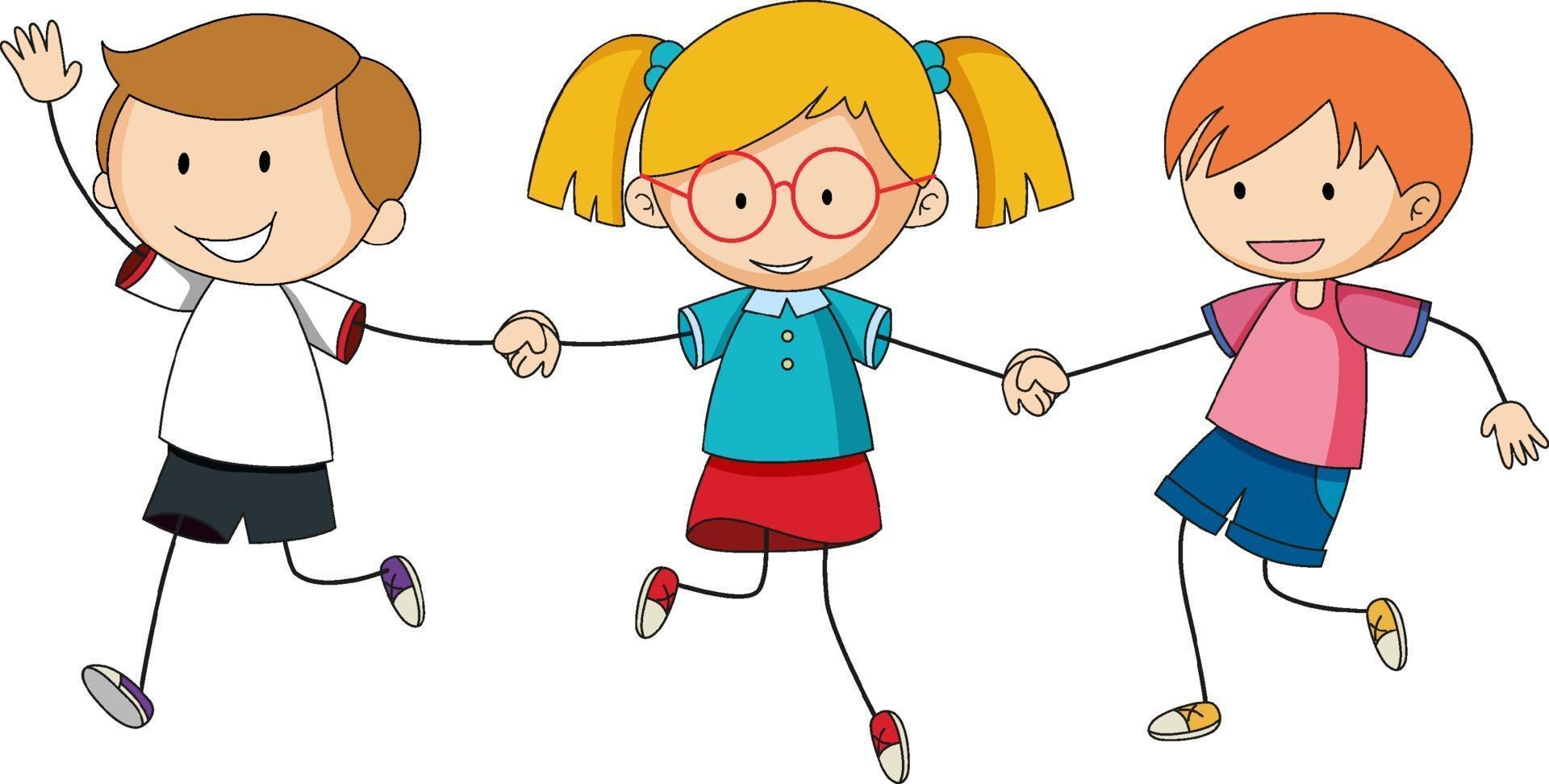 Three kids holding hands cartoon character hand drawn doodle style isolated vector