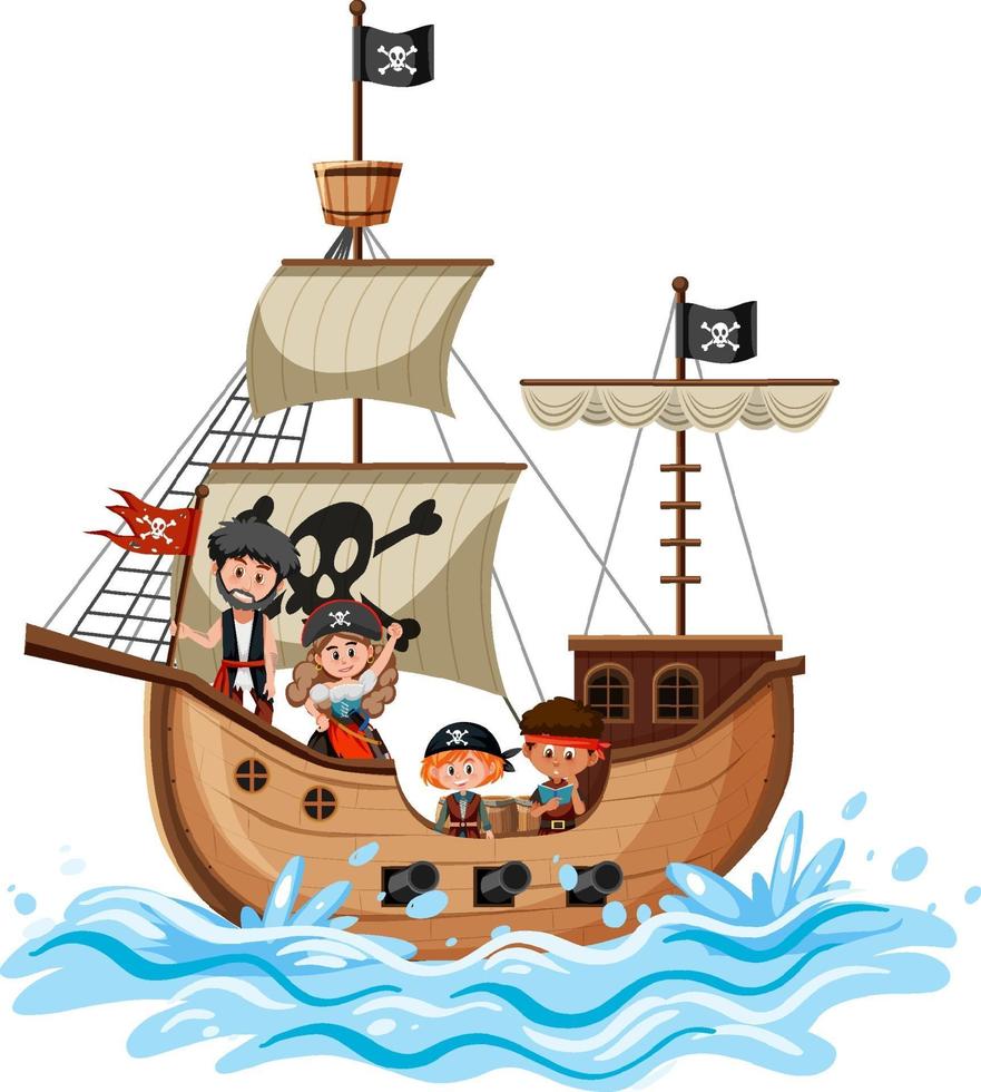 Barco pirata en las olas del océano con muchos niños aislado sobre fondo blanco. vector