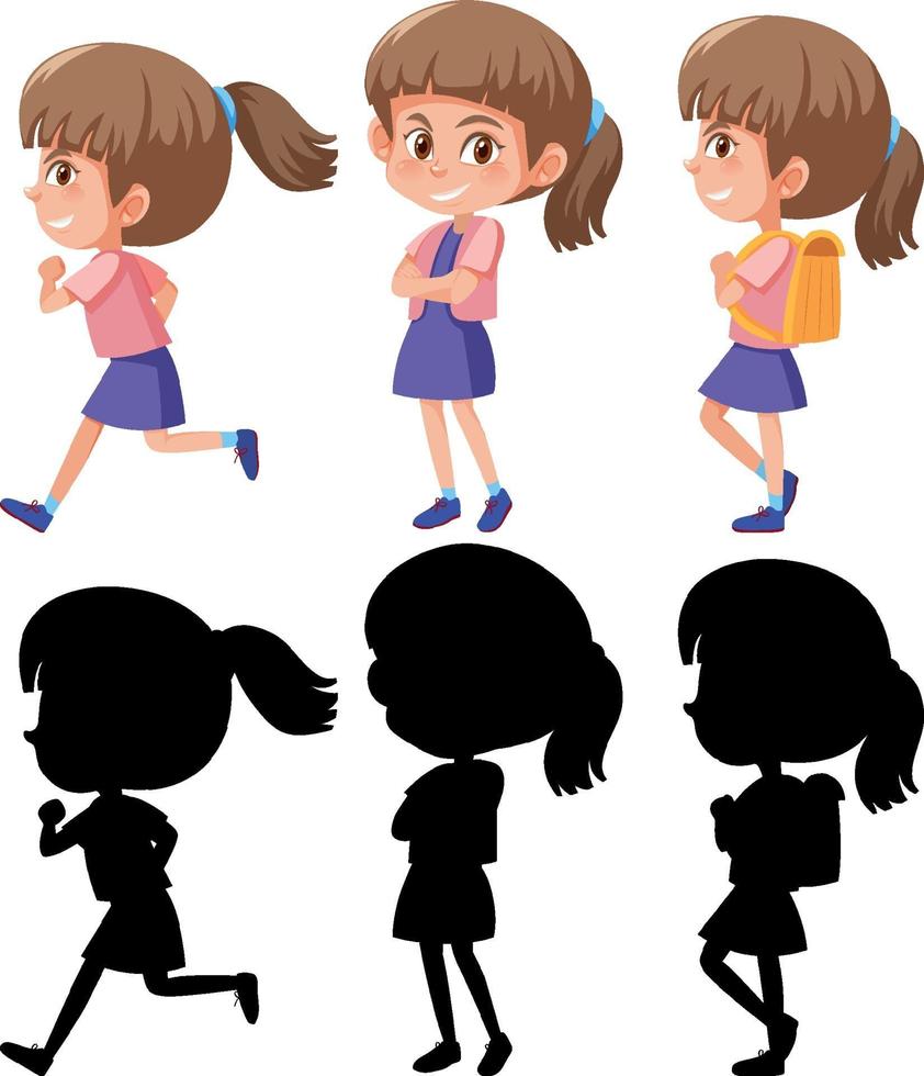 conjunto de un personaje de dibujos animados de niña en diferentes posiciones con su silueta vector