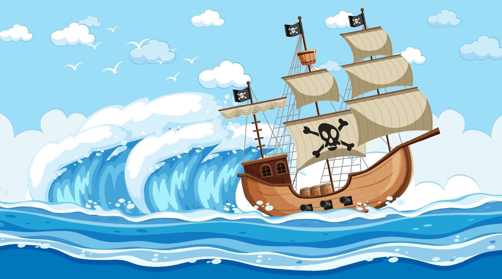 escena del océano durante el día con barco pirata en estilo de dibujos animados vector