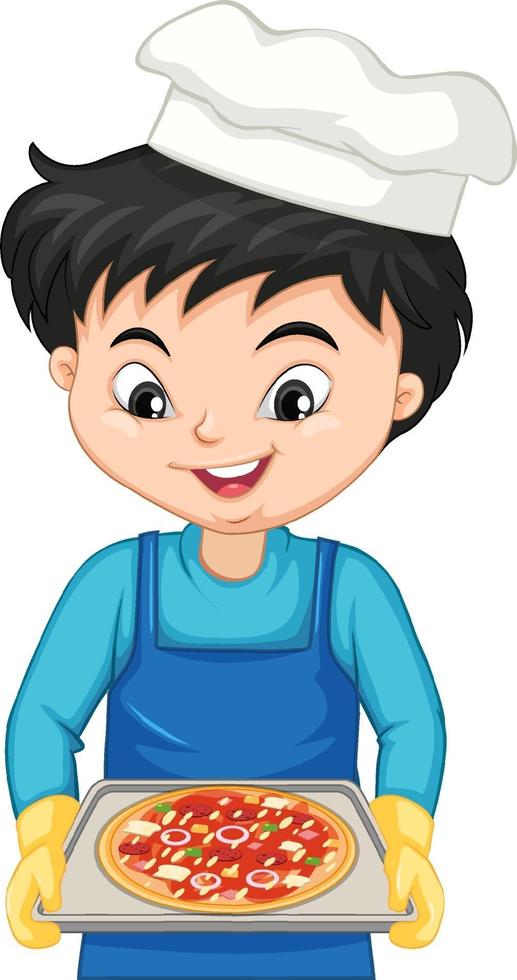 personaje de dibujos animados de un niño chef sosteniendo una bandeja de pizza vector