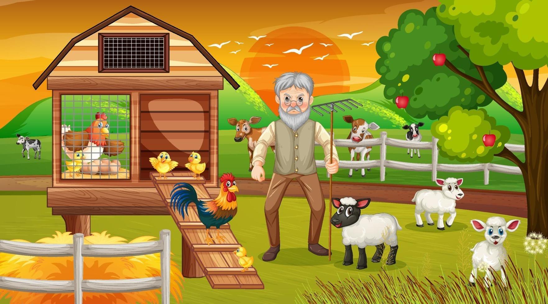 Farm at sunset time scene with old farmer man and farm animals vector