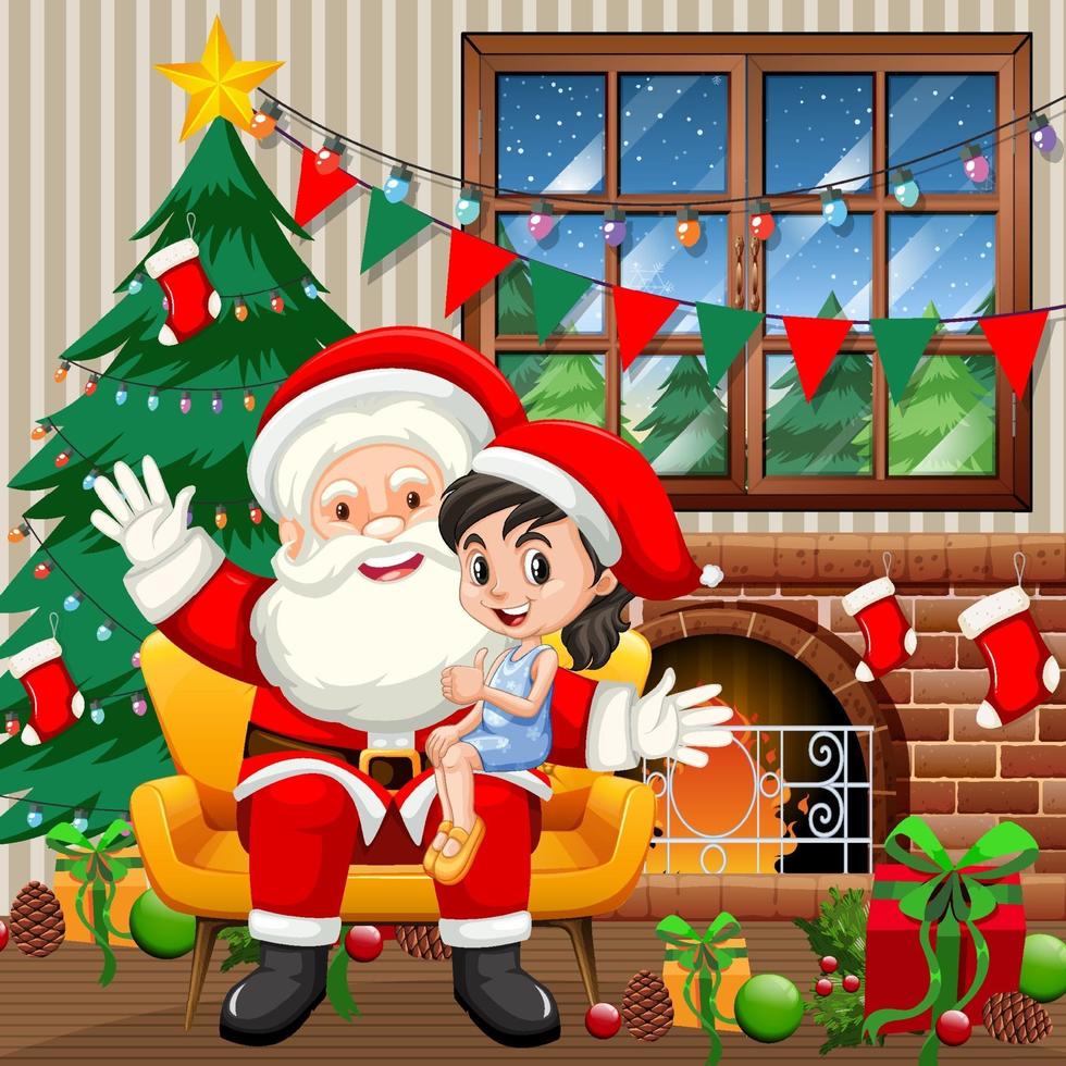 Santa Claus sitting on his lap with cute girl at home scene vector