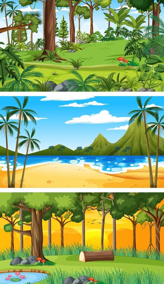 tres escenas horizontales de naturaleza diferente. vector