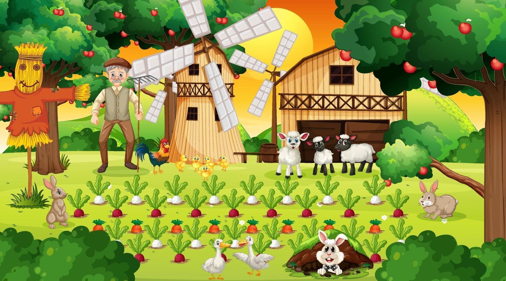 Farm scene at sunset with old farmer man and cute animals vector