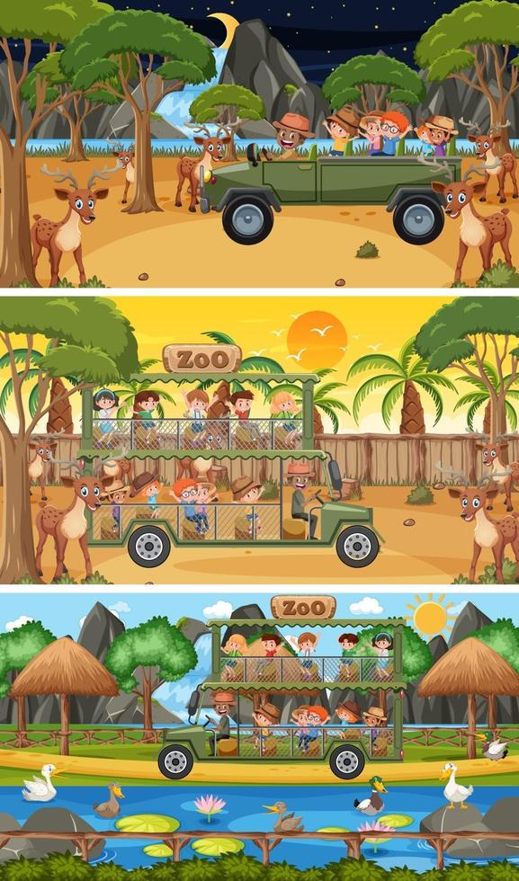 Conjunto de diferentes escenas horizontales de safari con personajes de dibujos animados de animales y niños vector