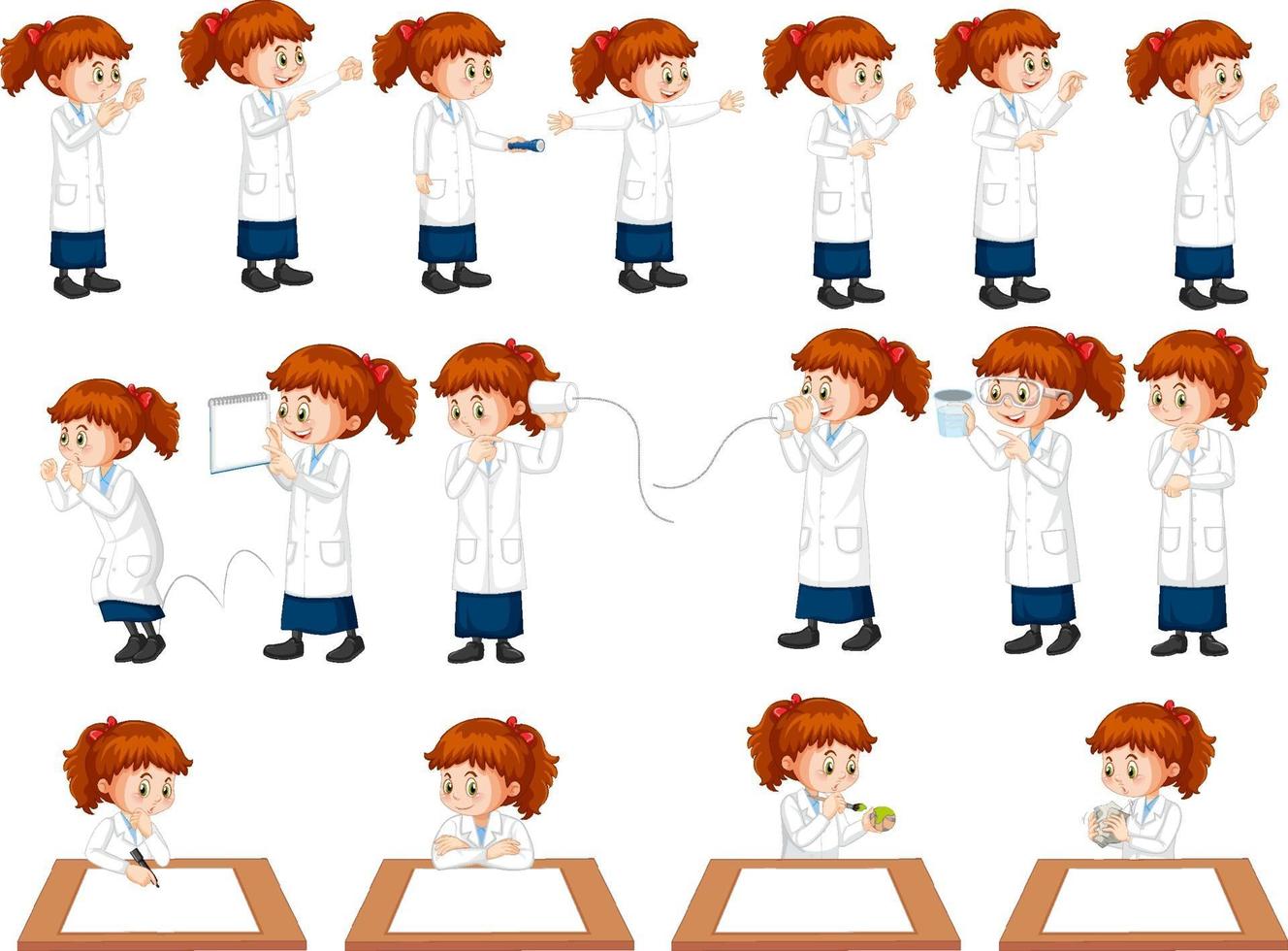 Set of a scientist girl doing different experiment vector