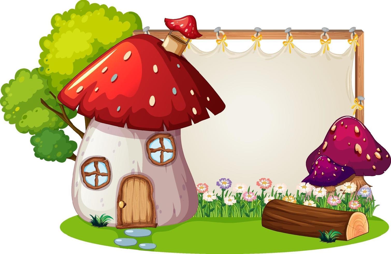 Blank banner in the garden with mushroom house isolated vector