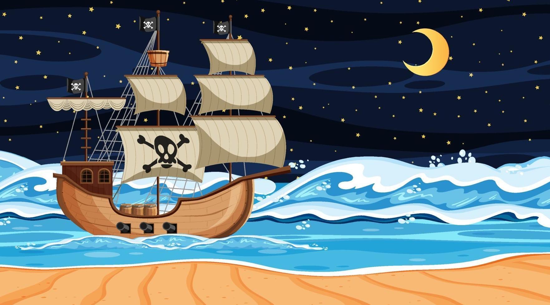 Beach scene at night with Pirate ship in cartoon style vector