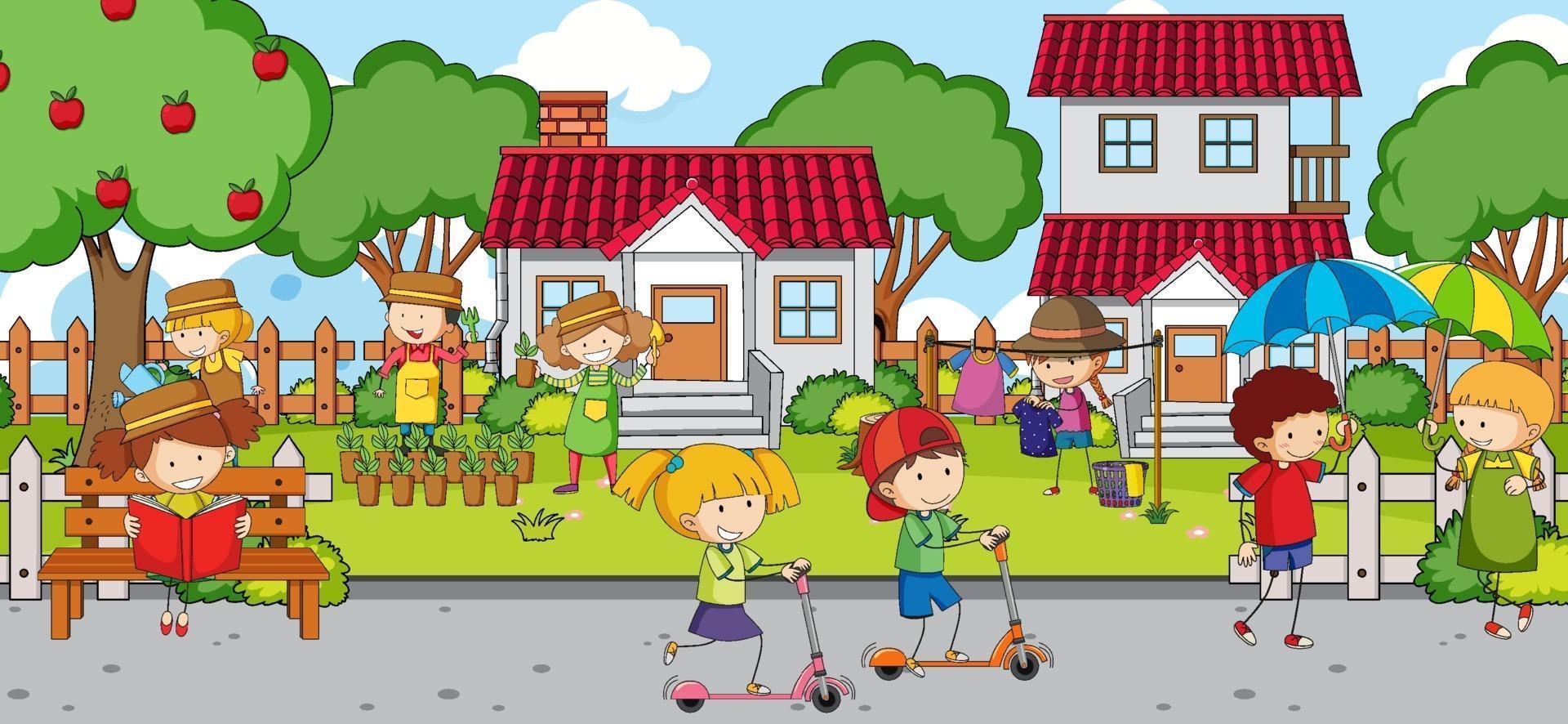 Outdoor scene with many kids playing at playground vector