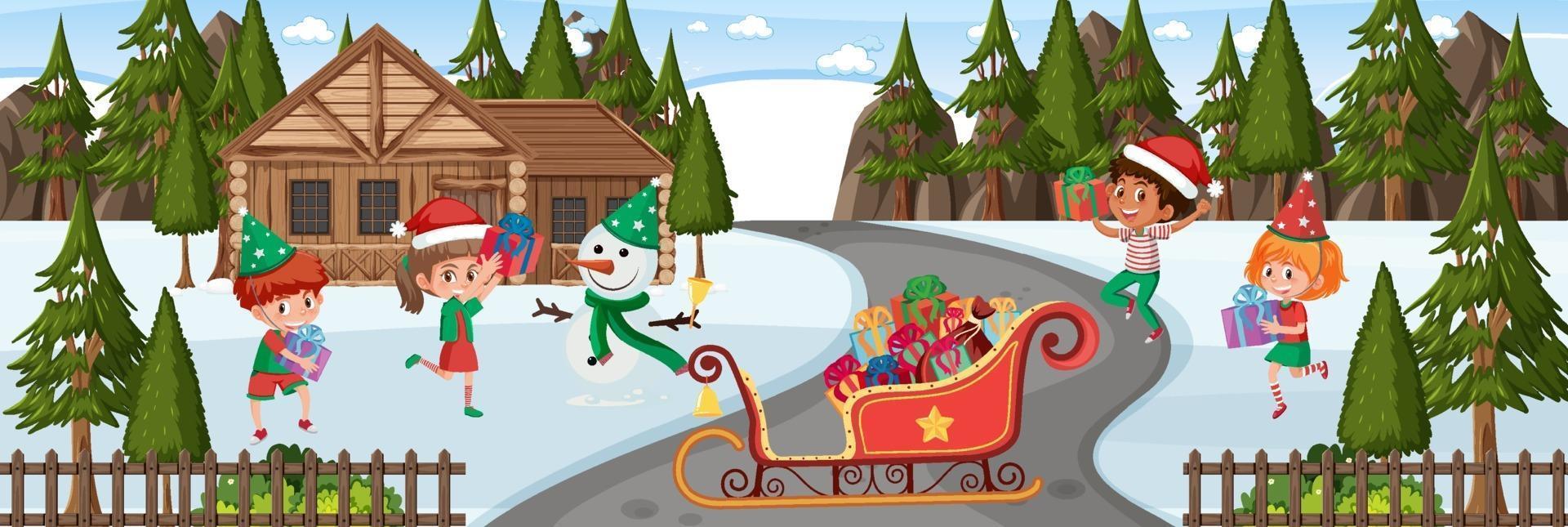 Winter scene with many children in Christmas theme vector