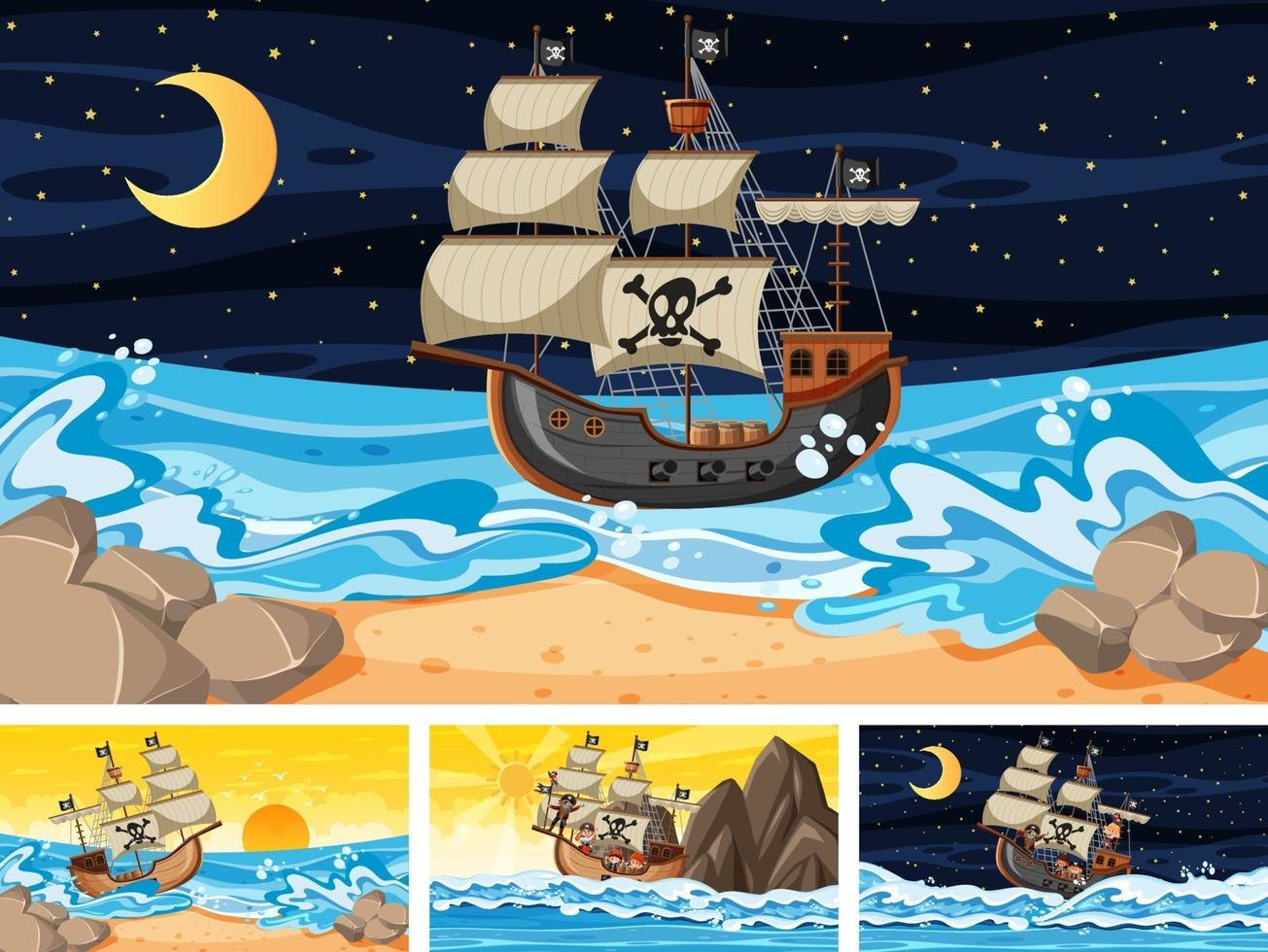 Set of different beach scenes with pirate ship vector