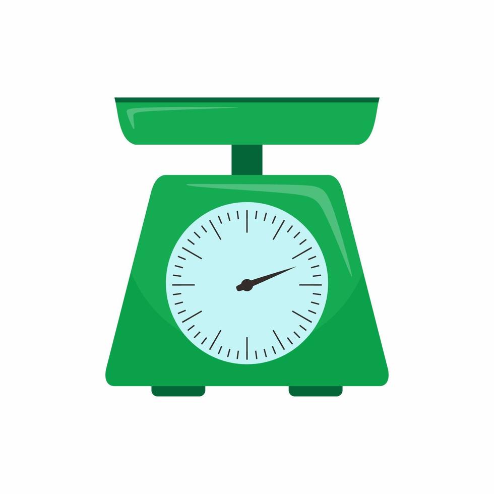 Kitchenware scales flat icon. Green scales with round dial and scale-pan isolated on a white background. Cartoon illustration of domestic weigh scales vector icon for web design