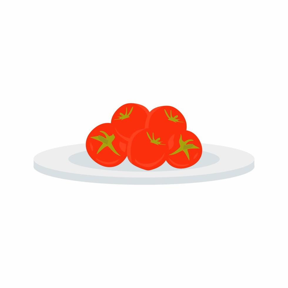 Red tomatoes with green leaves. Fresh vegetables and fruits icon. Organic food icon cartoon style. Concept healthy eating. Flat vector illustration isolated on white background