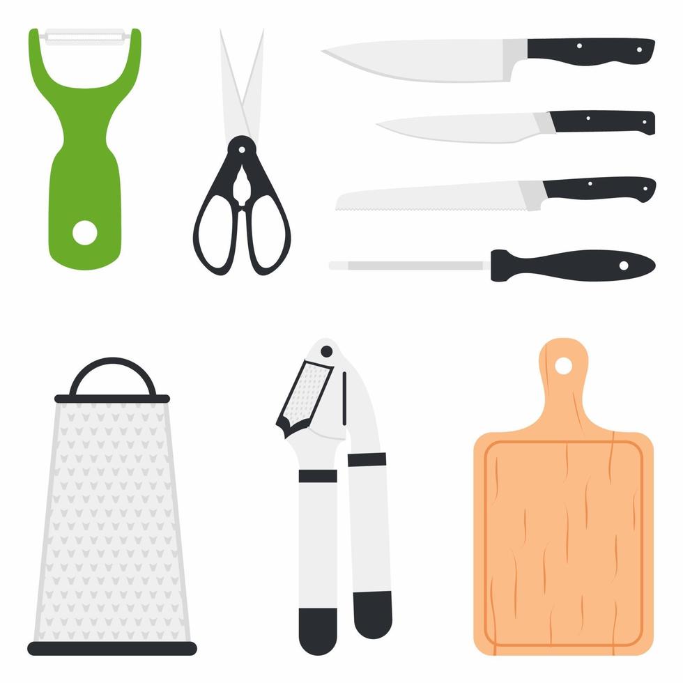 Kitchen utensil design elements set collection. Peeler, scissor, knife, wooden cutting boards, grater. Vector cooking and kitchenware modern tools. Household flat cartoon icons