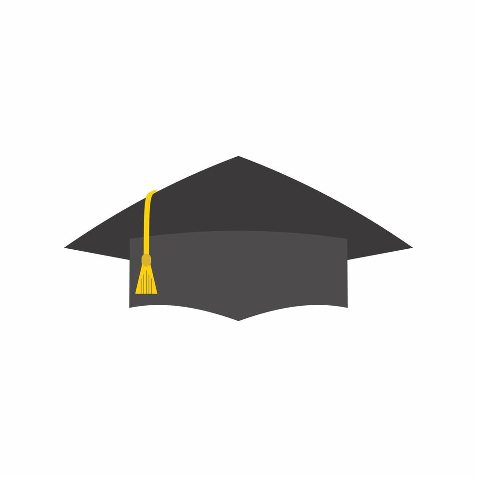 Square academical or graduate cap. Item of academic dress consisting of horizontal square board with tassel attached to center. Trencher isolated on white background. Vector illustration in flat style