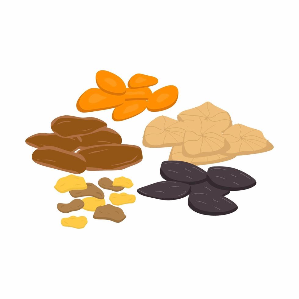 Mix of dried fruits nuts and seeds isolated on a white background. Vegetarian, healthy organic food concept. Vector icon illustration of natural sweets in cartoon flat style.