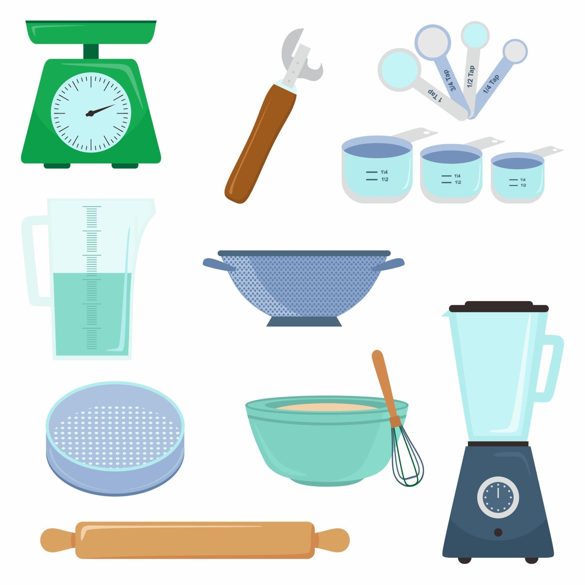 Kitchen tools accessory simple isolated set collection. Kitchenware