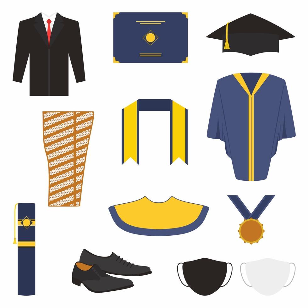 Conjunto de ropa y accesorios para ceremonia de graduación. Bata de soltero, corbata, máscara, zapatos, toga de graduación, toga de graduación, medalla de graduación, tubo de graduación y gorra en estilo de dibujos animados. icono de vector plano