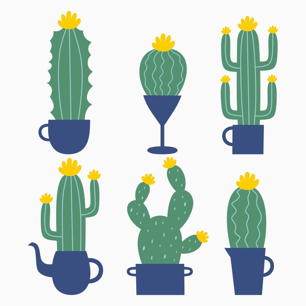 Set of six illustrations of cute cartoon cactus and succulents with funny faces in pots. Cactuses with light green color.Vector illustration. Can be used for cards, invitations or like sticker vector