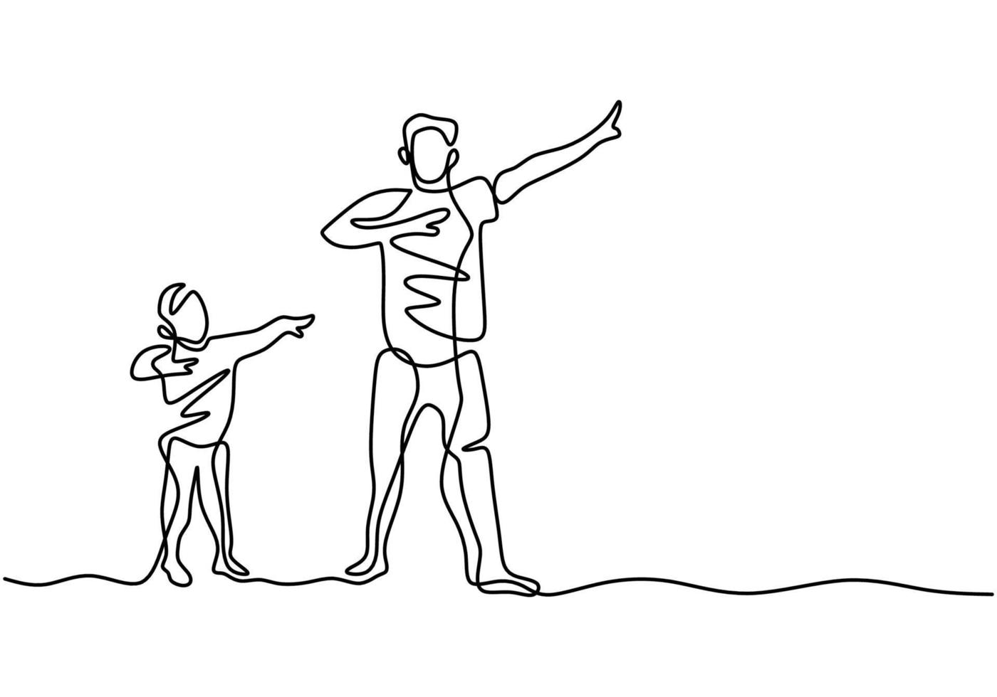 padre y su hijo dibujo continuo de una línea. un joven papá y su hijo están juntos en la misma pose aislado sobre fondo blanco. padre de familia feliz y niño pequeño. tema del día del padre vector