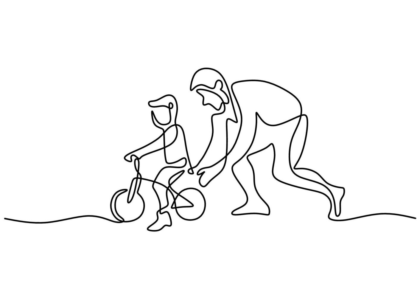 El dibujo continuo de una sola línea del joven padre ayuda a su hijo a aprender a andar en bicicleta en el campo juntos. concepto de crianza feliz. personaje papá enseñar a su hijo montando bicicleta vector