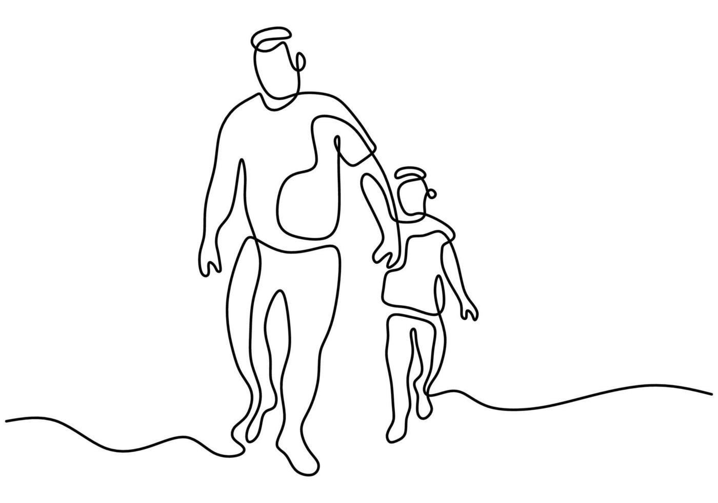 Father holding his son walking together continuous one line drawing. Happy little kid spending time with his daddy at home. Family time concept hand drawn line art. Vector minimalist design