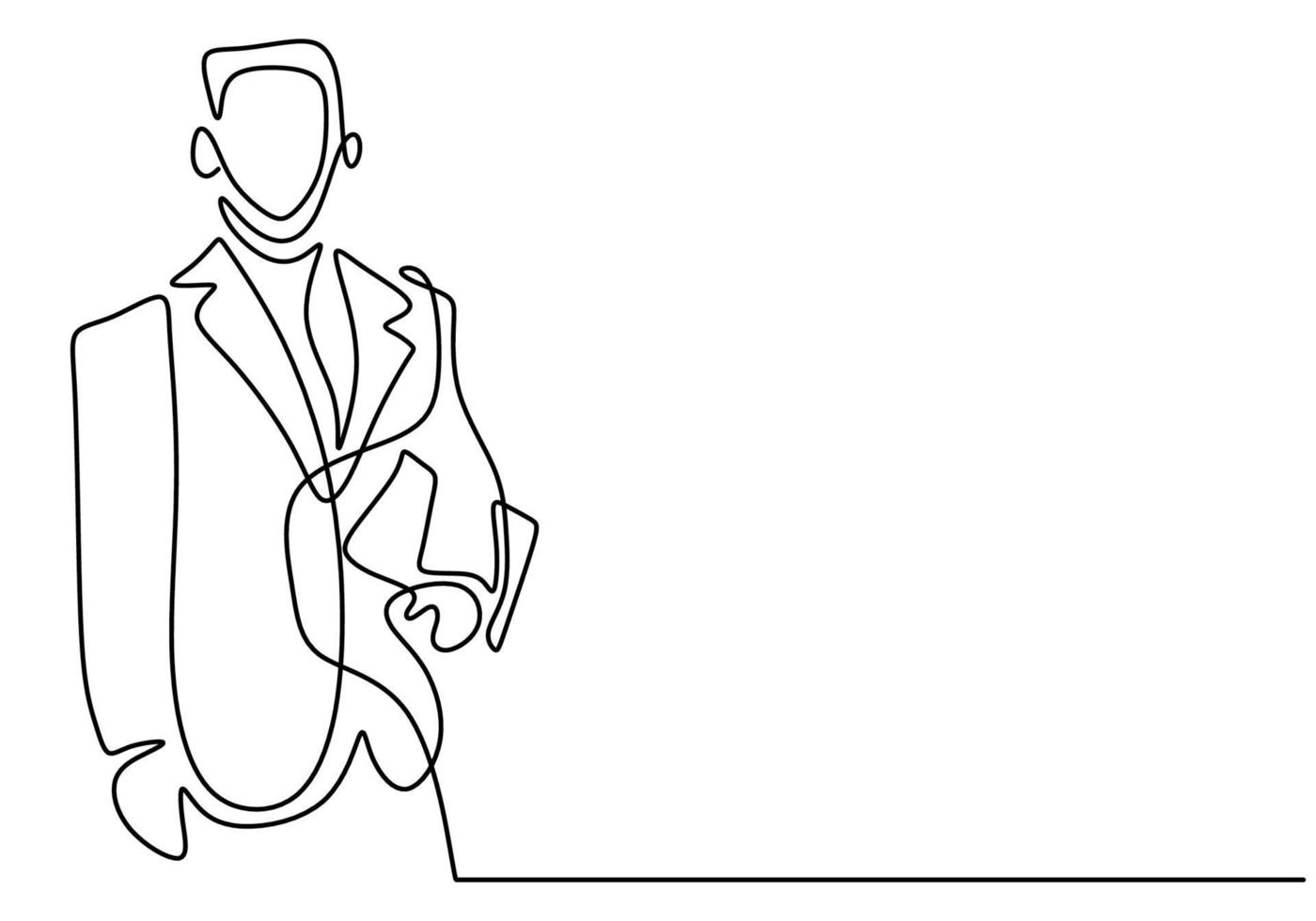 One continuous single line drawing of young businessman stand up and carrying laptop or tablet smartphone on his hand isolated on white background. Business service excellence concept vector