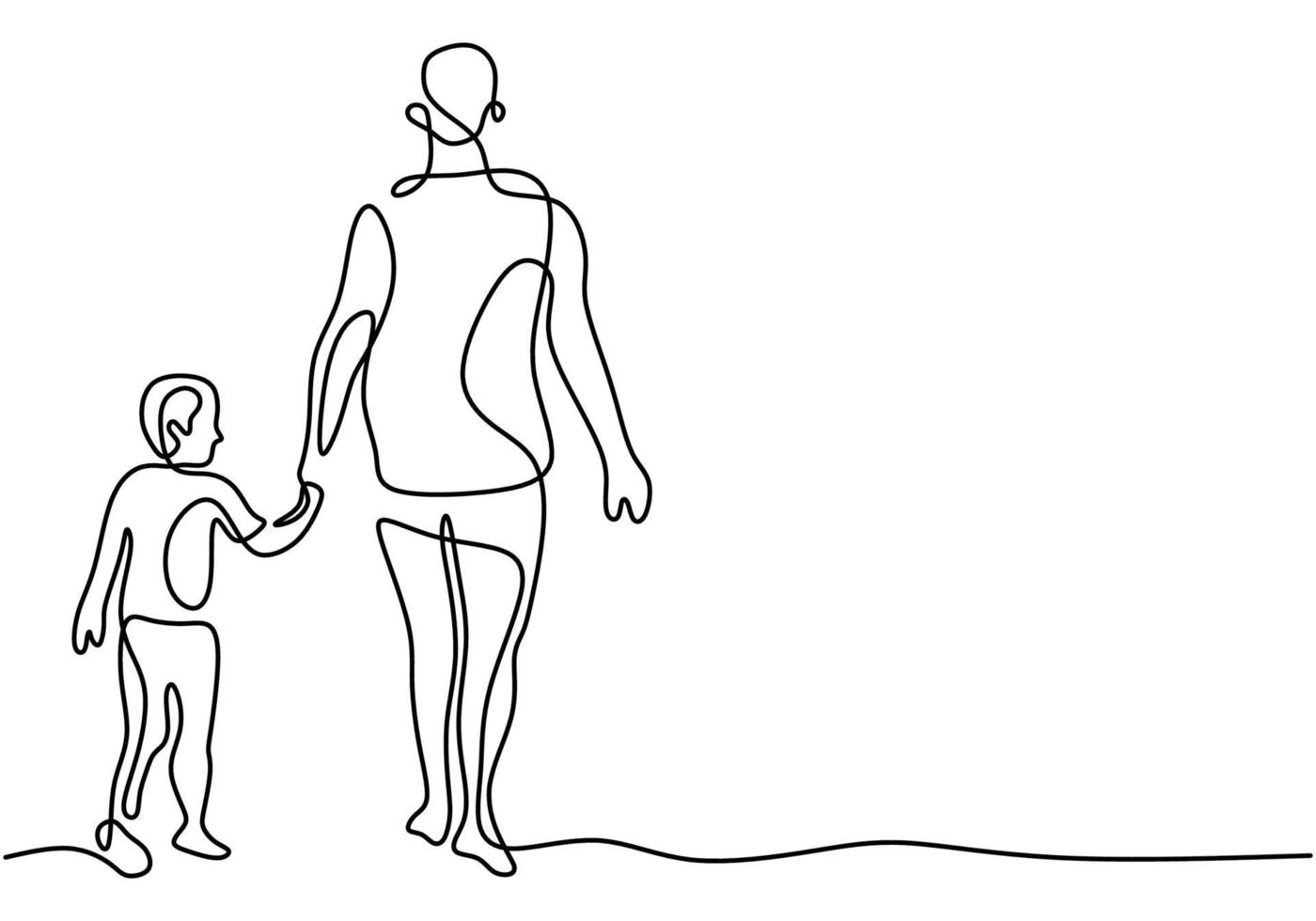 Father holding his son walking together continuous one line drawing. Happy little kid spending time with his daddy at home. Family time concept hand drawn line art. Vector minimalist design