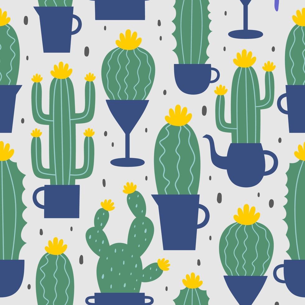 Linda mano dibujada de patrones sin fisuras con cactus de dibujos animados y suculentas en macetas. ilustración vectorial. Se puede utilizar como patrón para textiles, papel de regalo, tarjetas e invitaciones a fiestas. vector