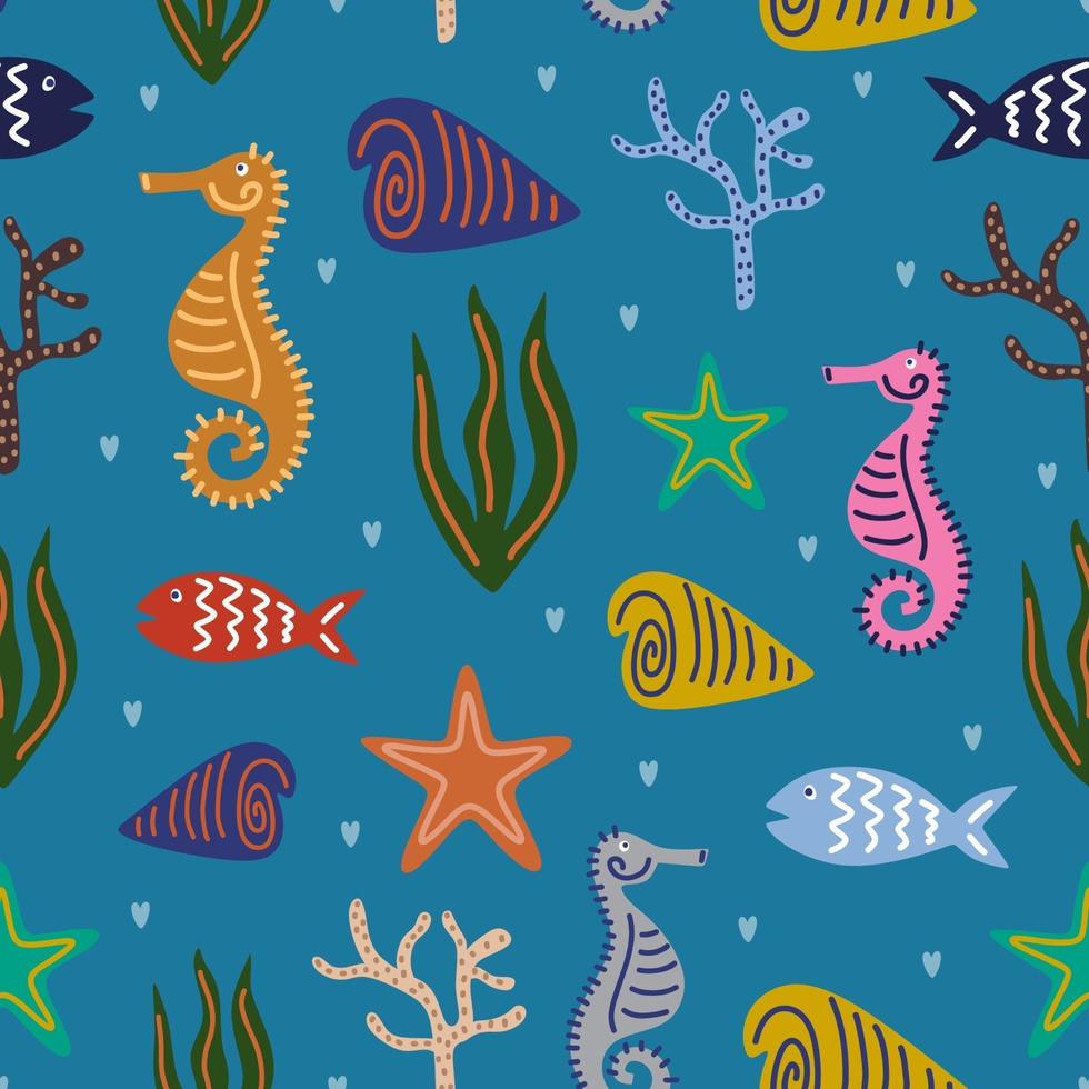 Sea animals seamless pattern. Undersea world such as starfish, sea shells, sea horses, seaweed, coral reefs, colorful minnows and other inhabitants. Vector illustration isolated on blue background