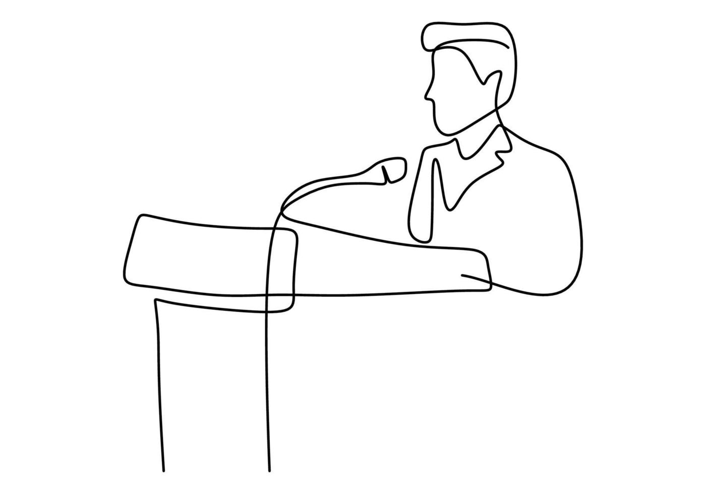 un personaje de una sola línea continua dibujada empresario profesional de entrenador de negocios hablando. un gerente dando un discurso de estrategia empresarial. concepto de discurso con un hombre en el podio. ilustración vectorial vector