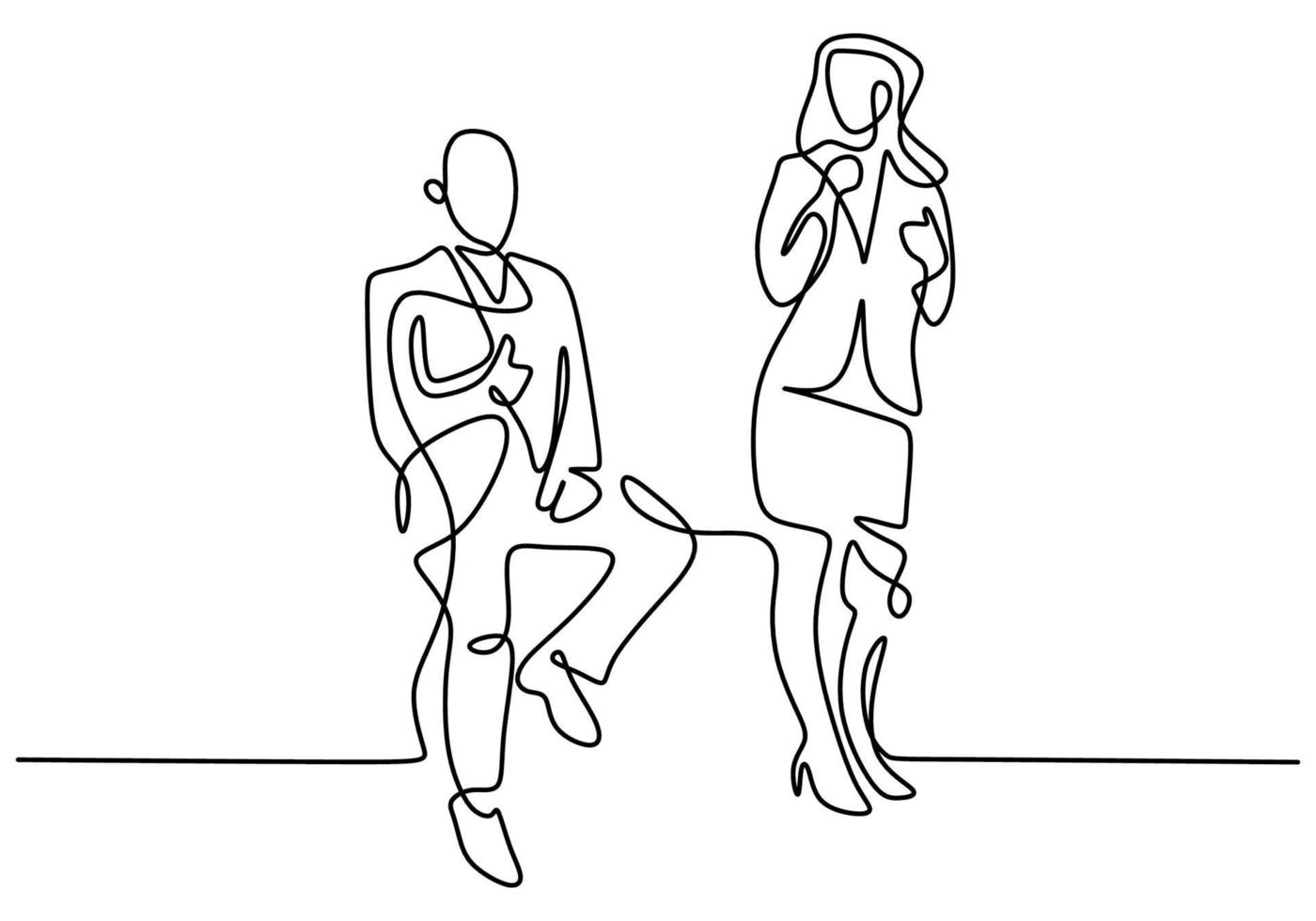 Continuous line drawing of two professional business people. Businessman is sitting and businesswoman is standing with gentle and confident pose. Minimalism design vector sketch illustration