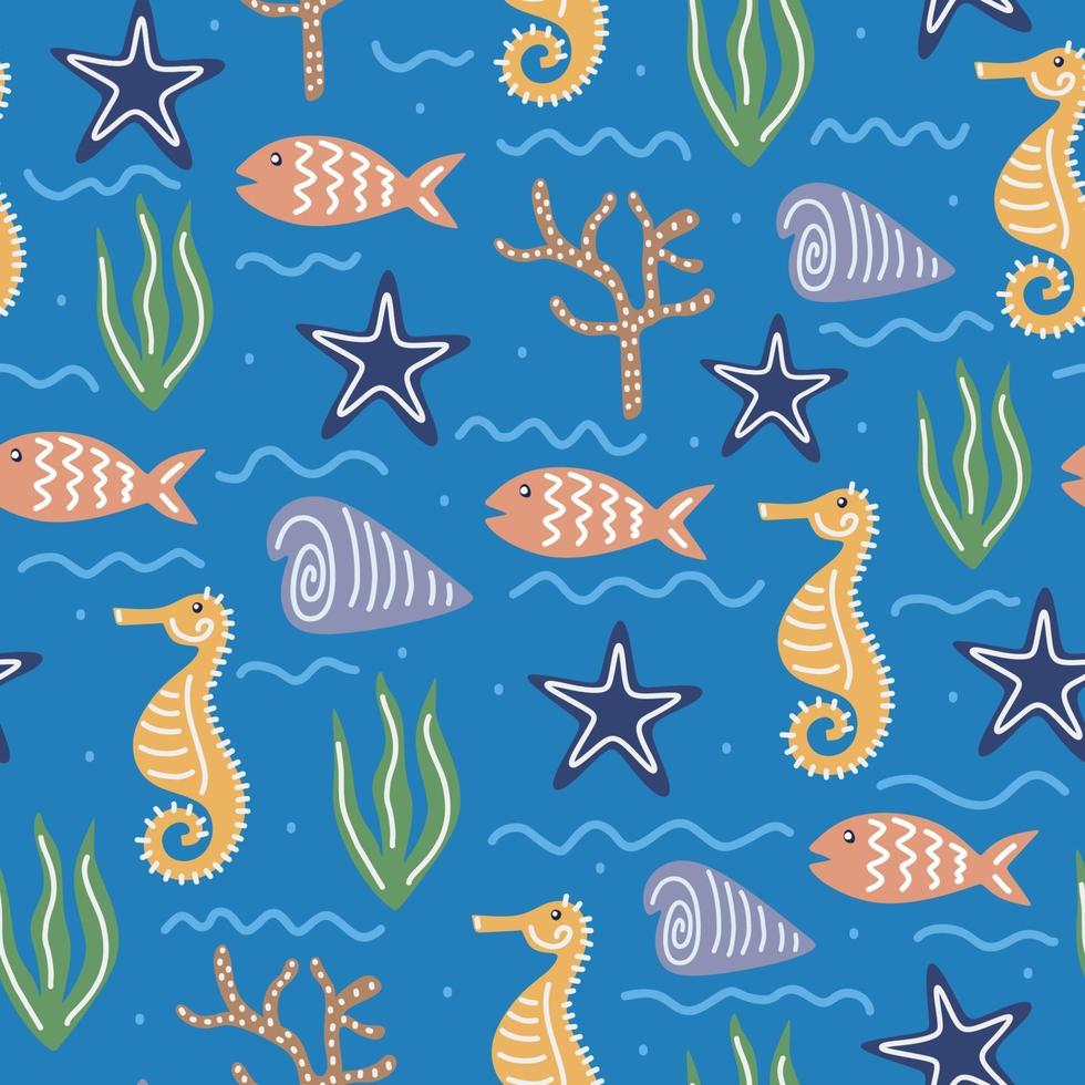 Underwater world vector illustration. Hand painted seamless pattern with colorful sea inhabitants, starfish, sea shells, sea horses, seaweed, coral reefs, algae and other underwater plants