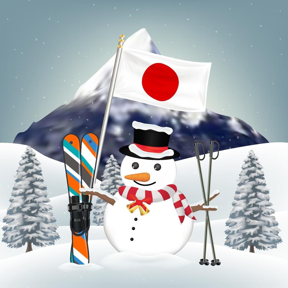 Muñeco de nieve y equipo de esquí en Japón Winter Hill vector