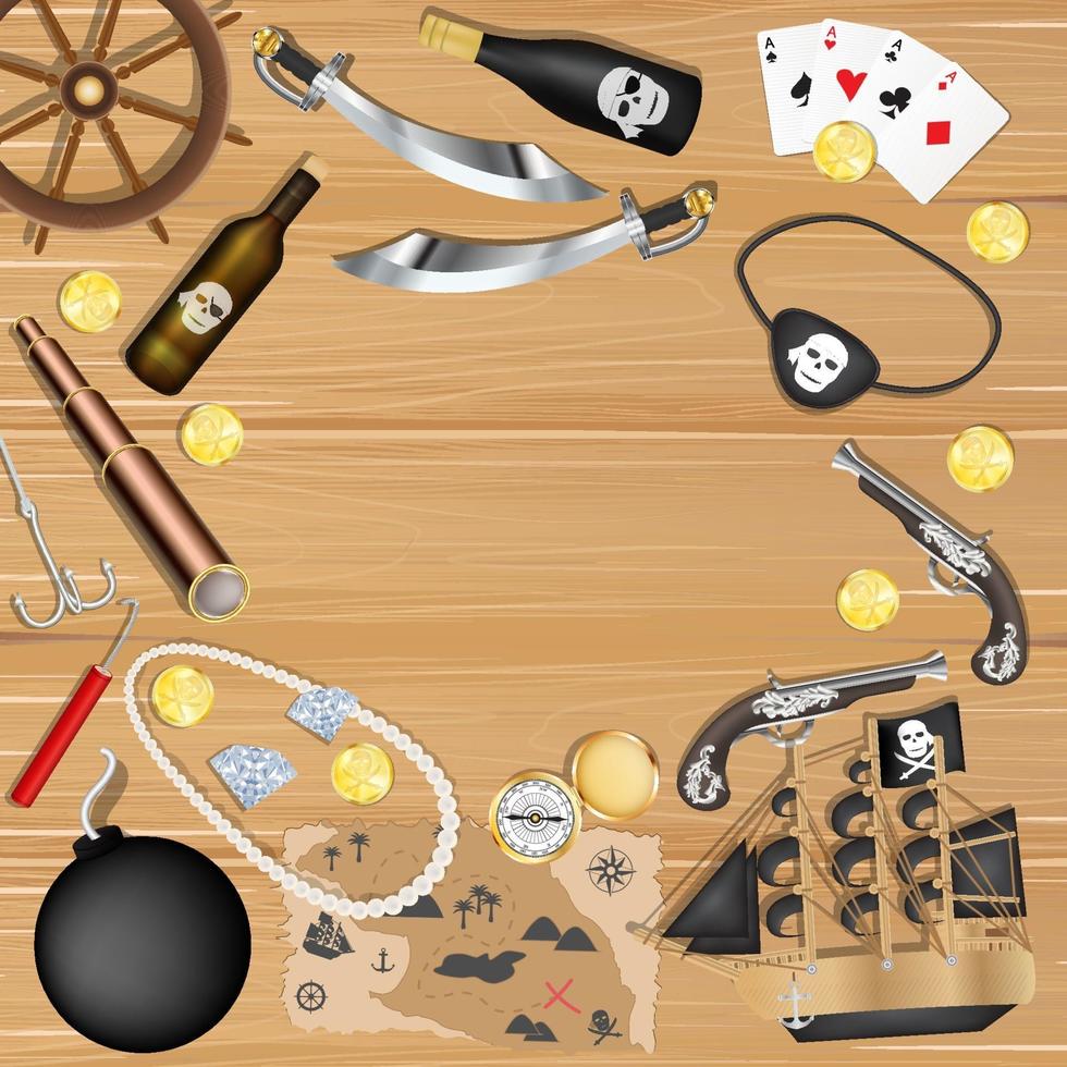 pirate objects on a wood board background vector