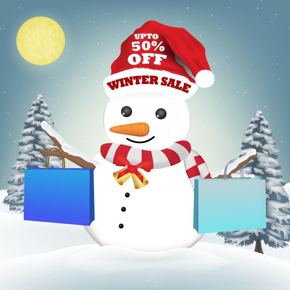 snowman with winter sale shopping paper bag vector