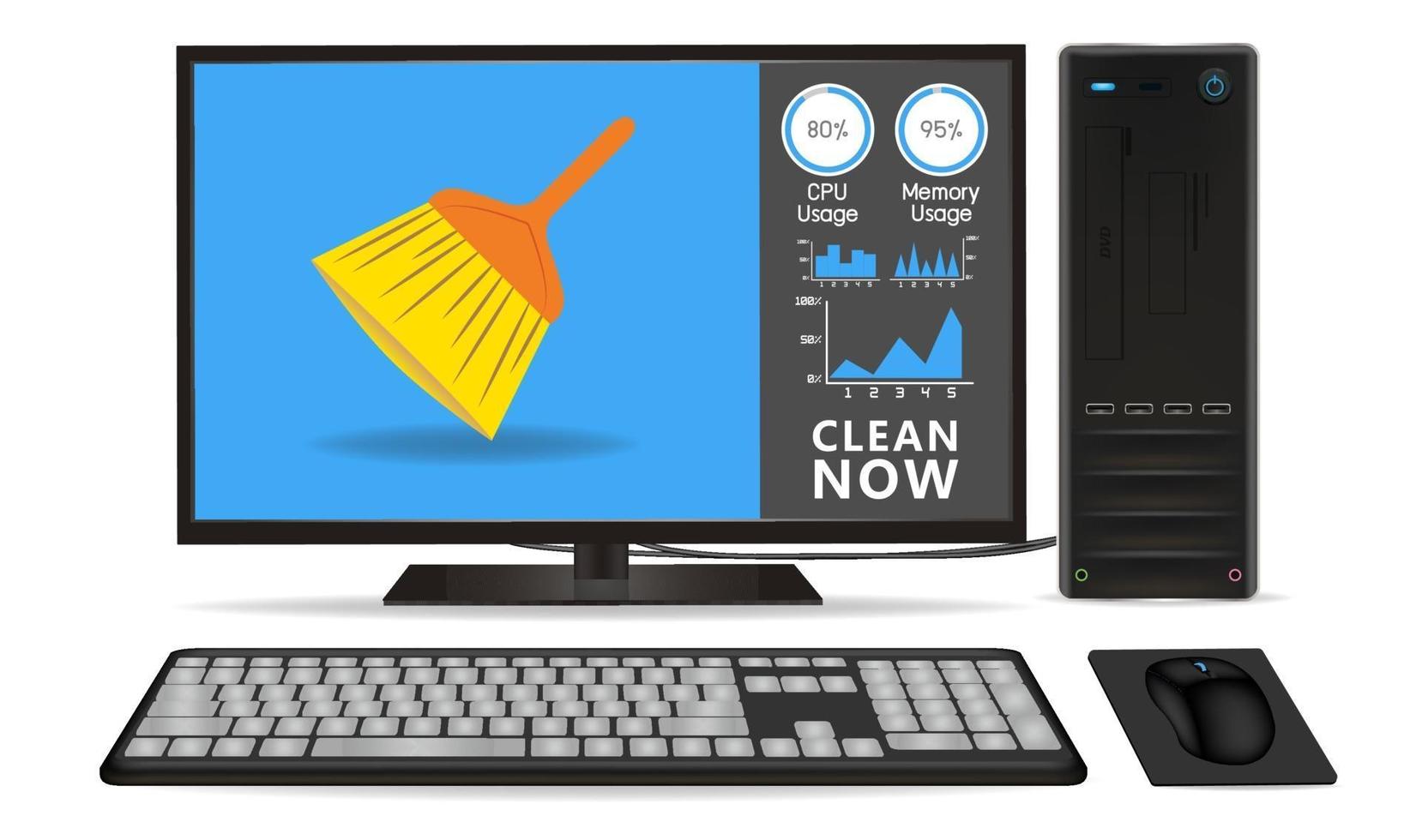 desktop computer with cleaning application vector