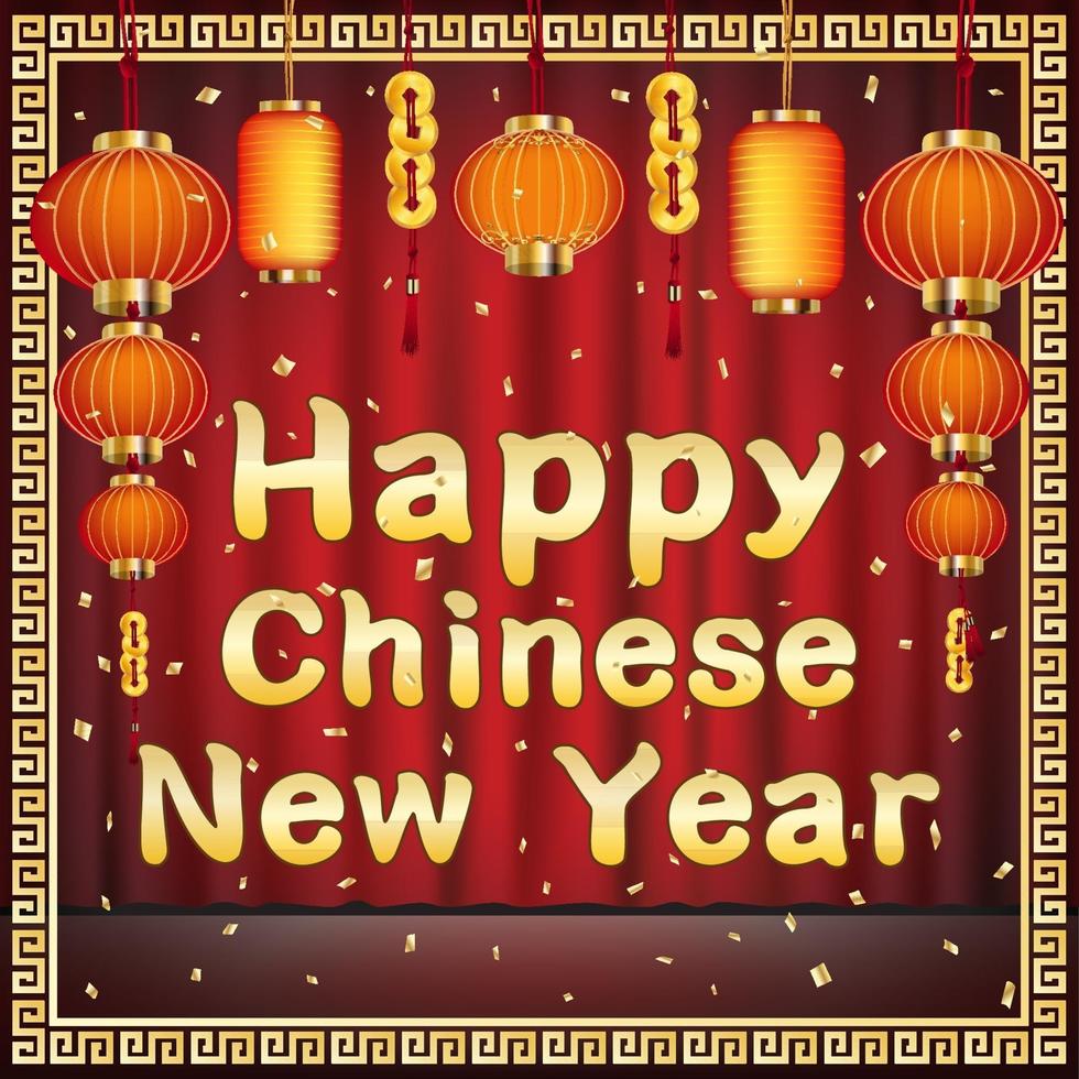 happy chinese new year with firecrackers and chinese lanterns vector