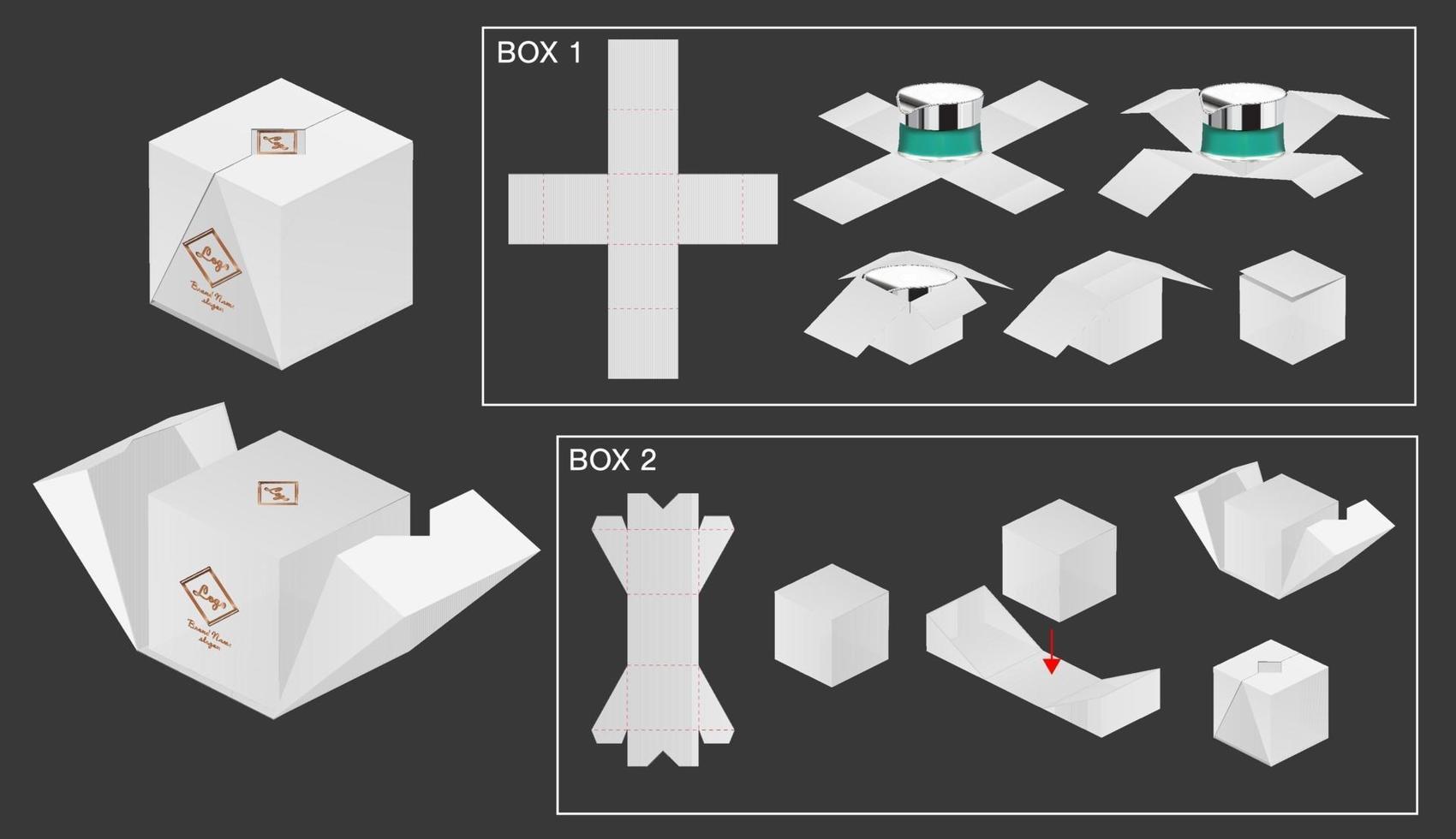 diseño de plantilla troquelada de embalaje de caja. Maqueta 3d vector