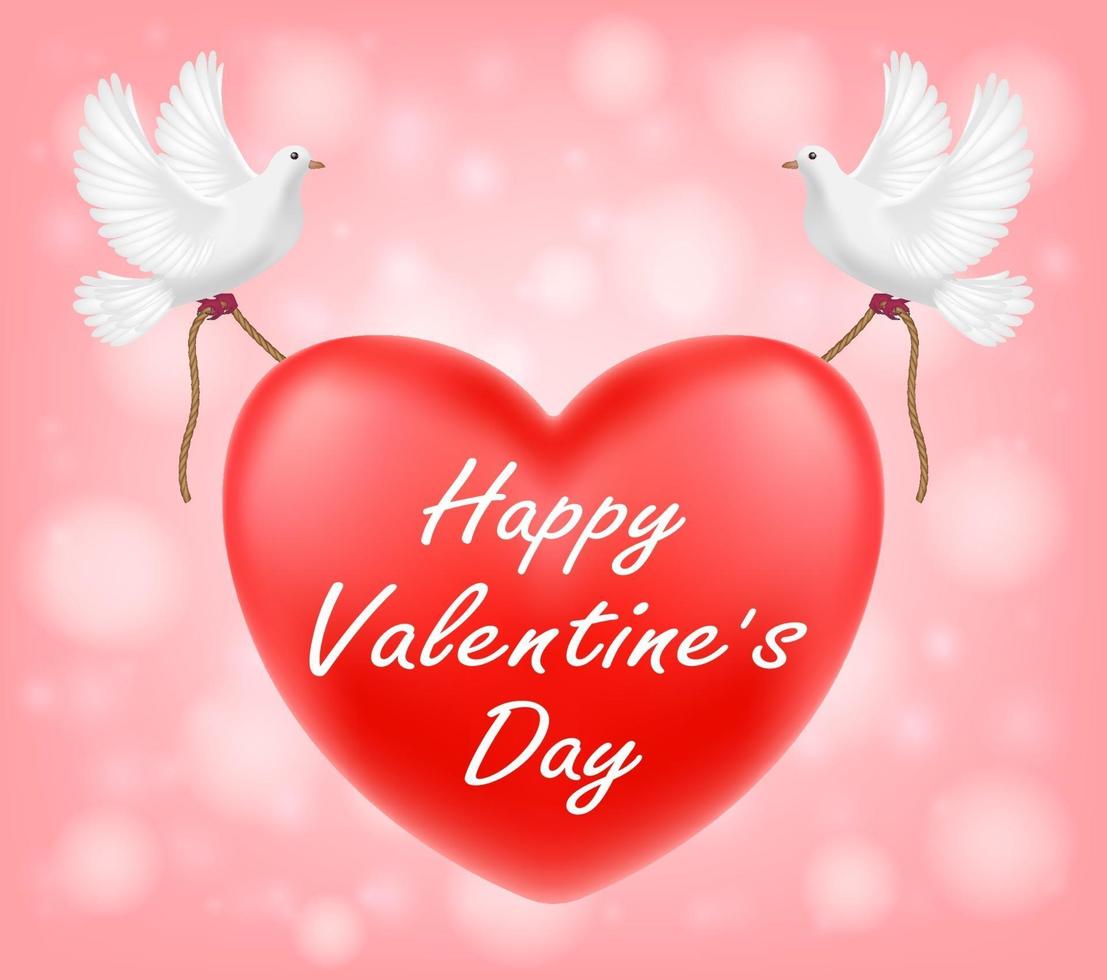 Feliz día de San Valentín corazón rojo con ilustración de palomas blancas. vector