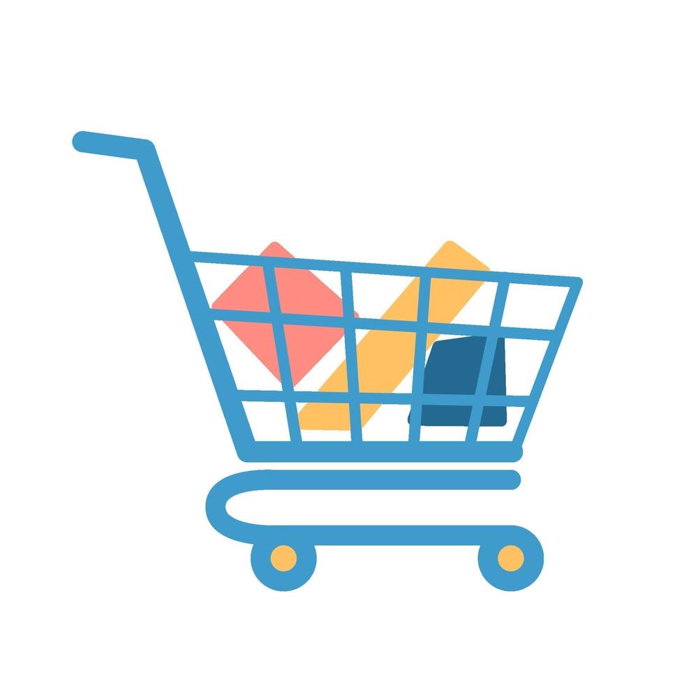 carro de compras con productos en diseño plano moderno. icono de vector de color aislado fondo blanco.