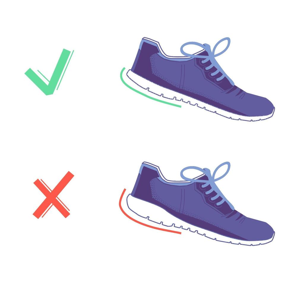 zapatos correctos e incorrectos con un funcionamiento natural. zapatos para correr. pasos saludables del concepto de ejecución. Ilustración aislada de diseño gráfico plano vectorial. vector