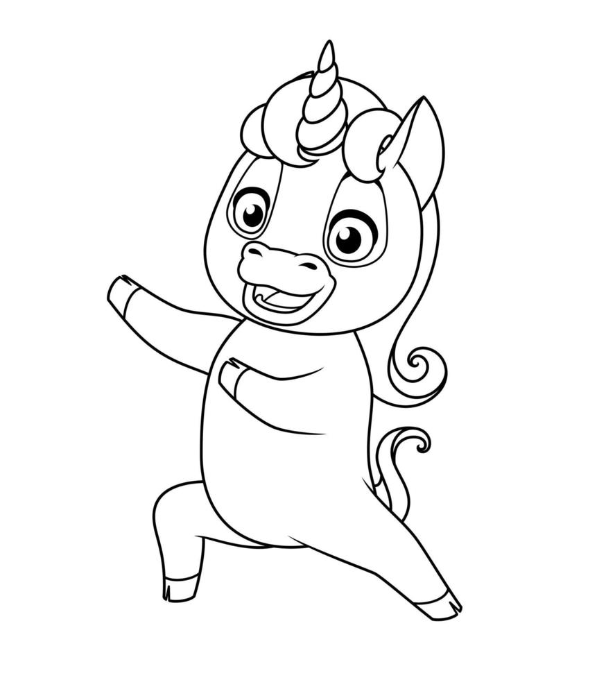 Cute baby unicorn presenting. Vector black and white illustration for coloring page.