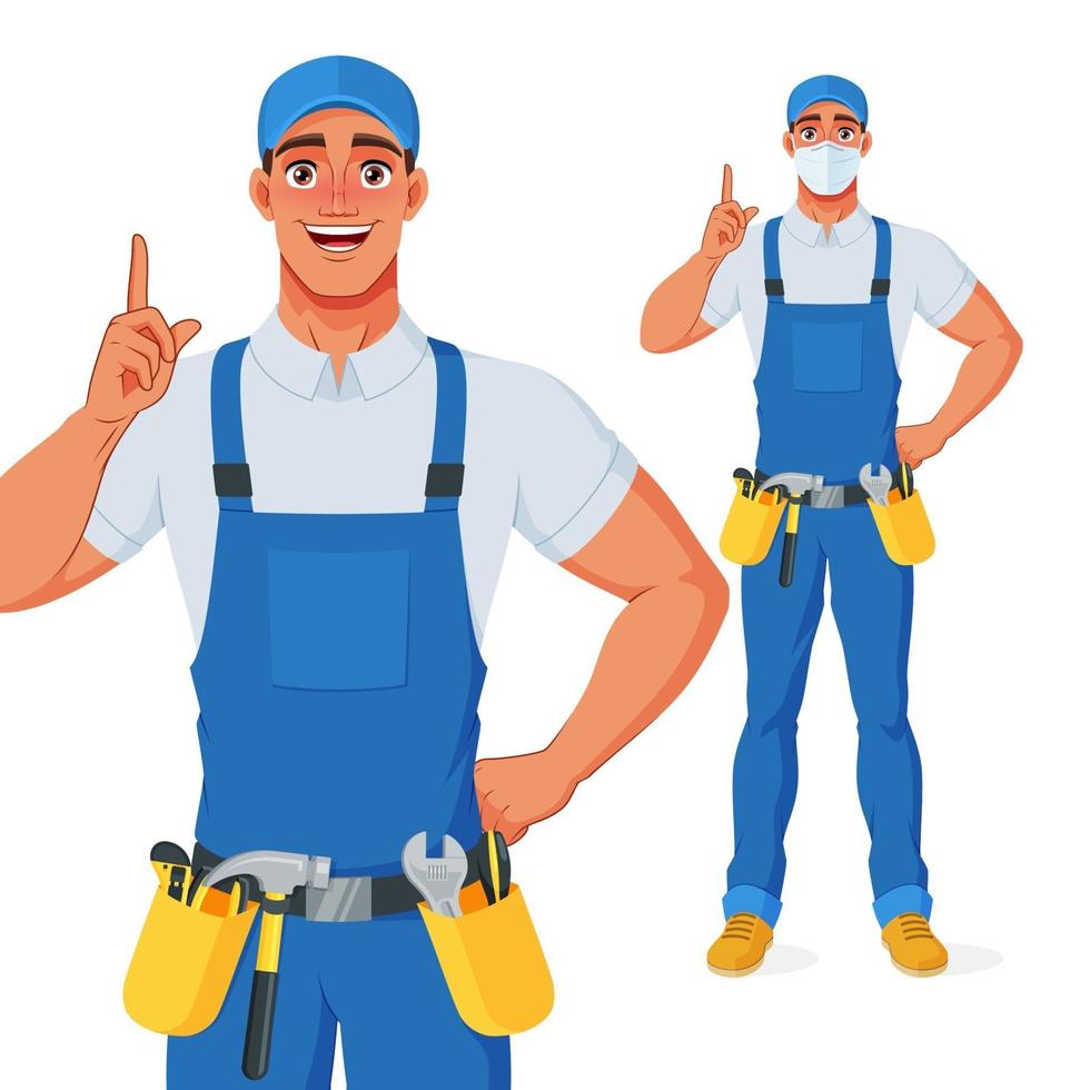 Handyman in bib overalls and tool belt pointing finger up to give advice. Vector cartoon character.