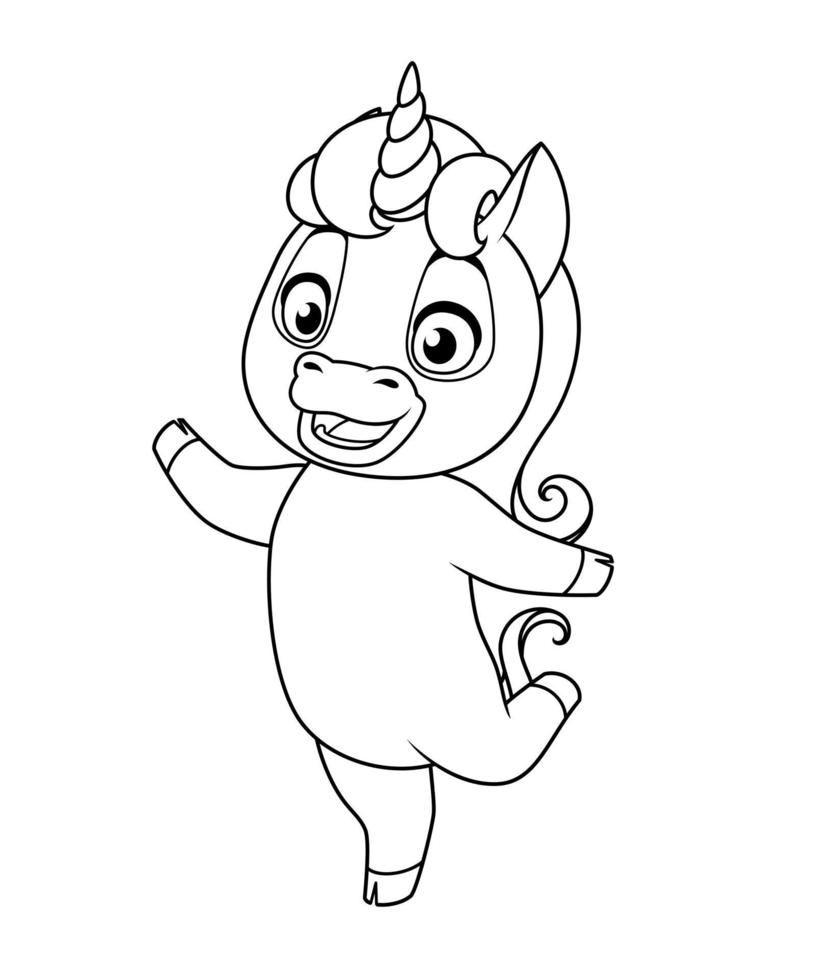 lindo bebé unicornio de pie sobre una pierna y apuntando. vector ilustración en blanco y negro para colorear página.
