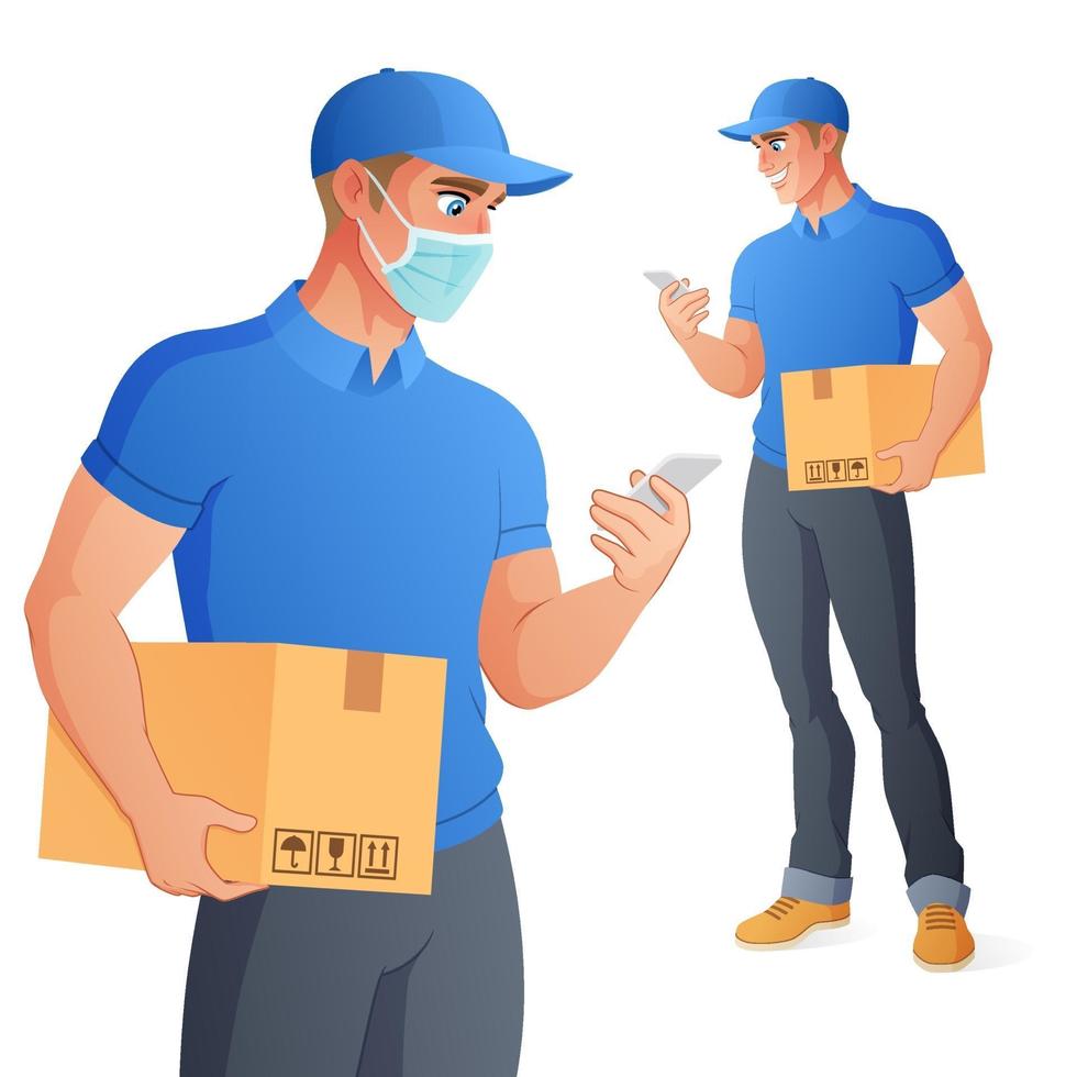 Delivery man in mask holding box and checking smartphone. Full size under clipping mask. Vector illustration isolated on white background.