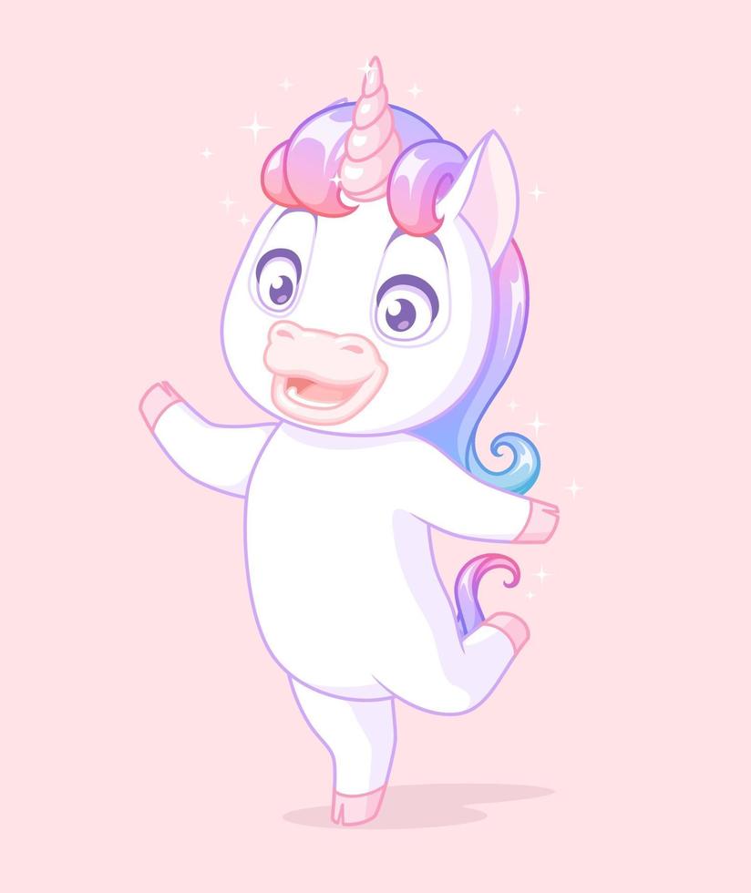 Cute white baby unicorn standing on one leg and pointing. Vector cartoon character isolated on pink background.