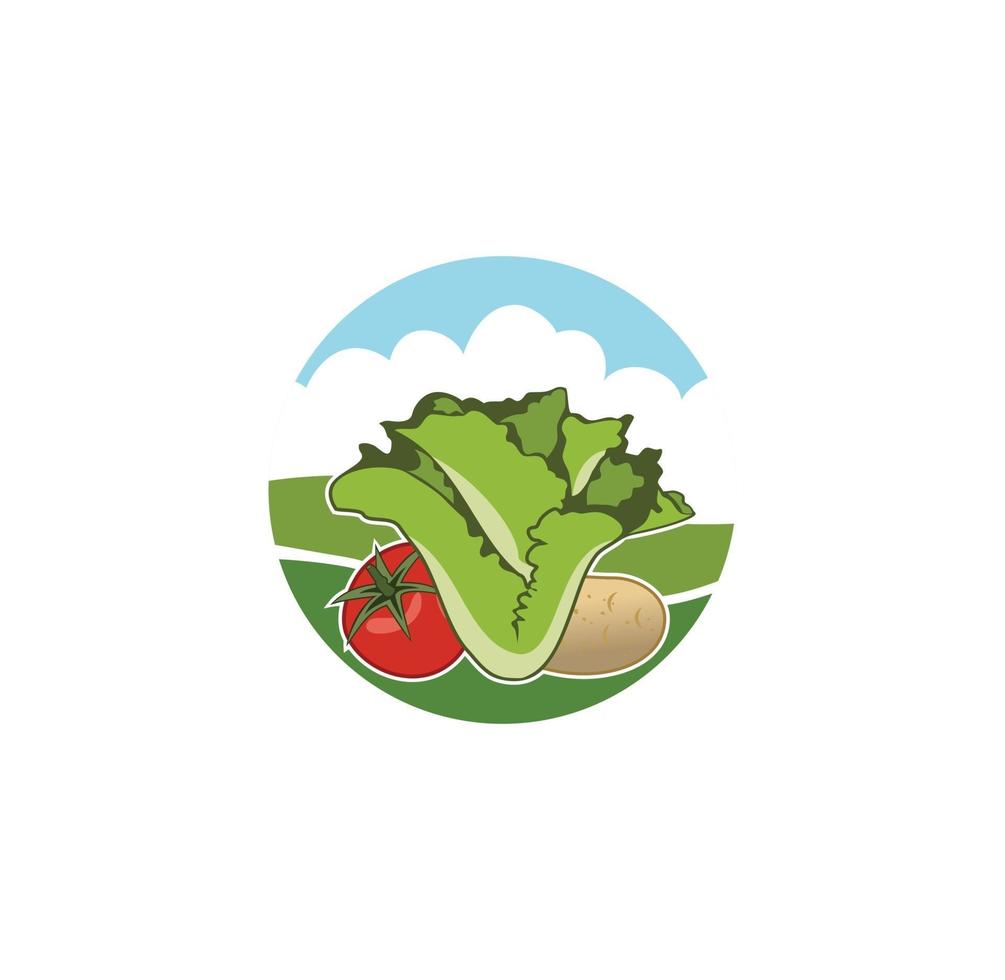 Diseño de logotipo de granja con diseño de lechuga, tomate y papas. vector